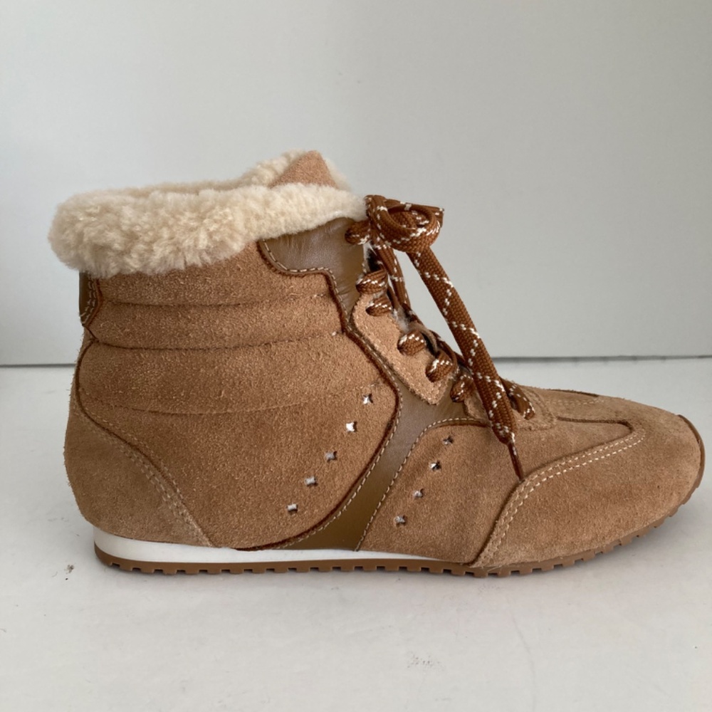 Larroude Stella Mid Shearling Suede High Top Sneakers Booties Peanut 7.5 NWOB